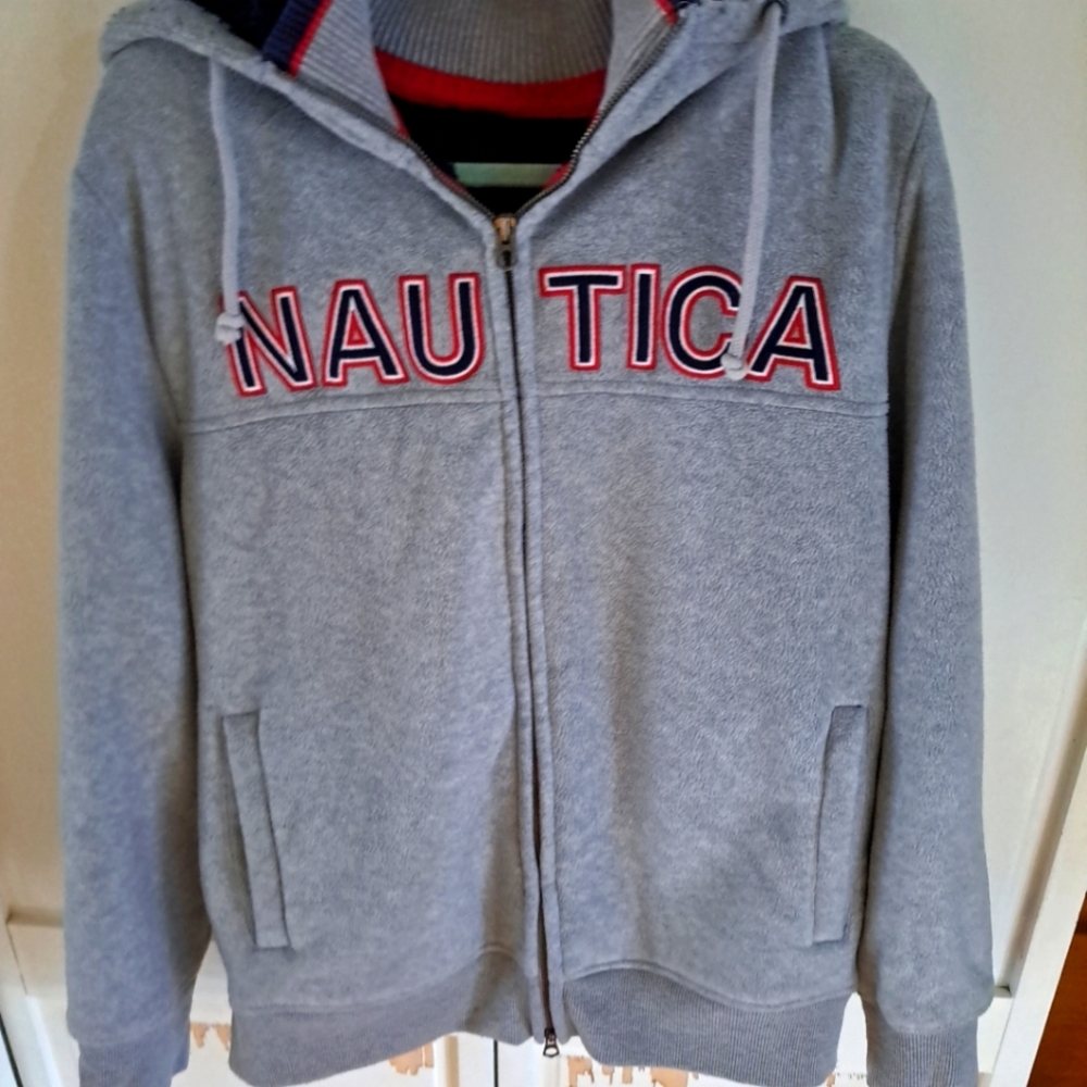 Nautica fleese hoodie Spellout sz L gray red